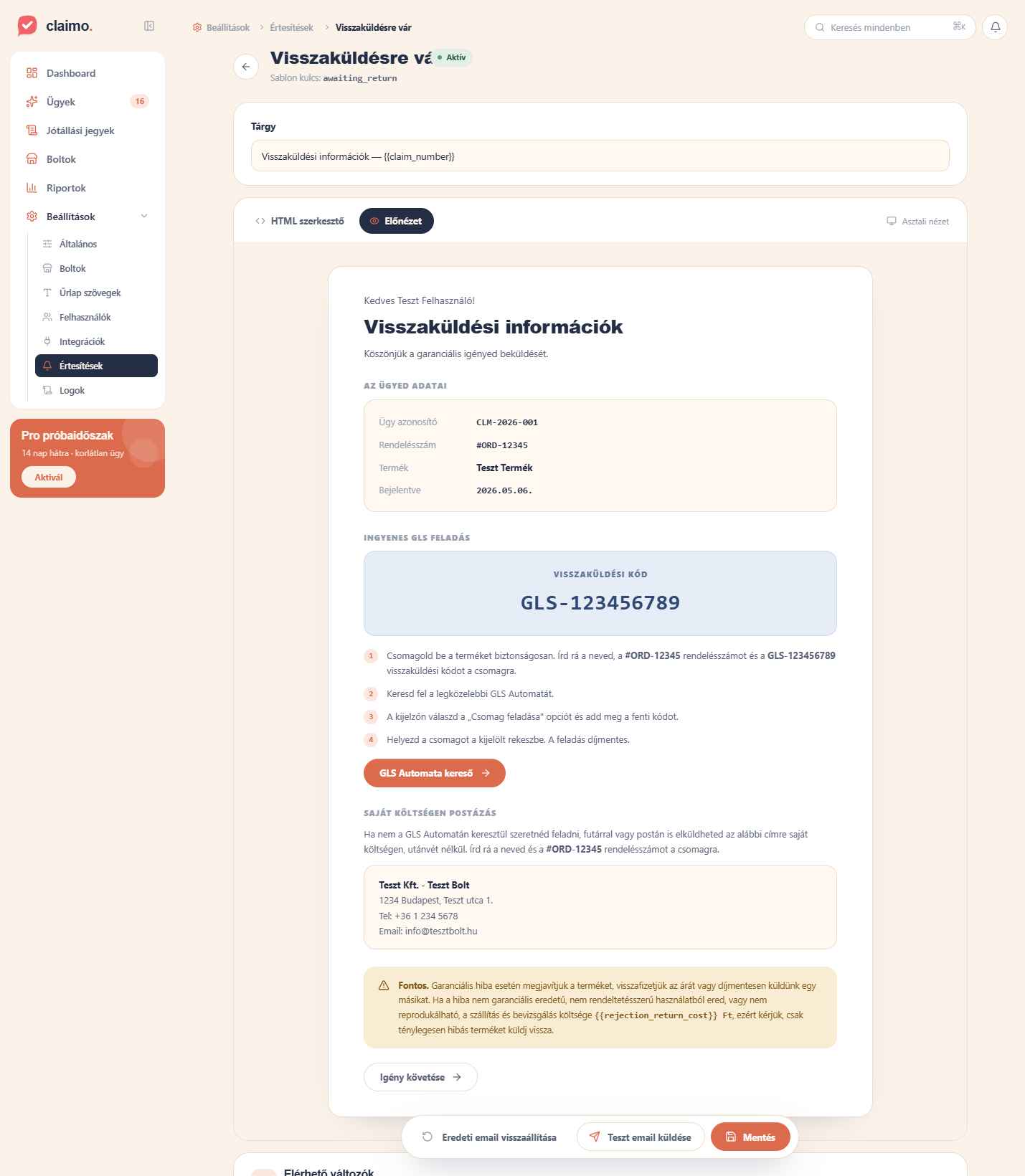 Email sablon szerkesztő